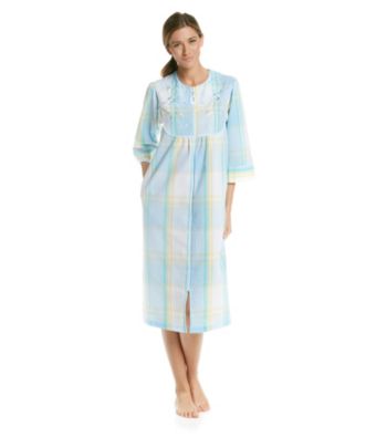 Miss Elaine® Long Seersucker Zip Robe - Aqua Plaid