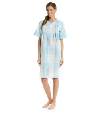 Miss Elaine® Short Seersucker Zip Robe - Aqua Plaid