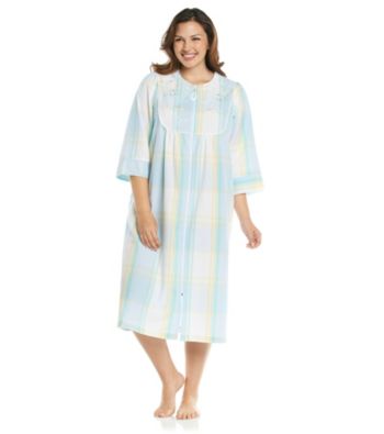 Miss Elaine® Plus Size Long Seersucker Zip Robe - Aqua Plaid