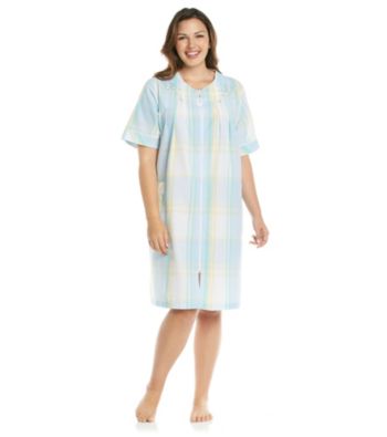 Miss Elaine® Plus Size Short Seersucker Zip Robe - Aqua Plaid