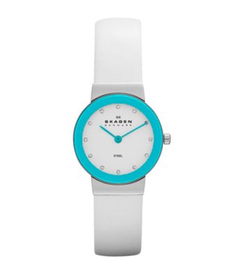 Skagen Denmark Women's White Leather Watch with Turquoise Bezel