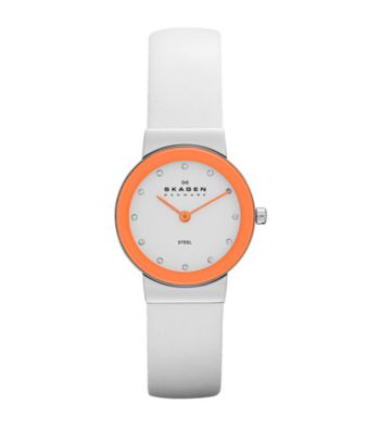 Skagen Denmark Women's White Leather Watch with Orange Bezel