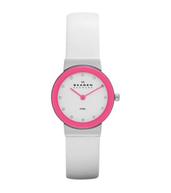 Skagen Denmark Women's White Leather Watch with Pink Bezel