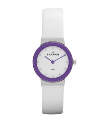 Skagen Denmark Women's White Leather Watch with Purple Bezel