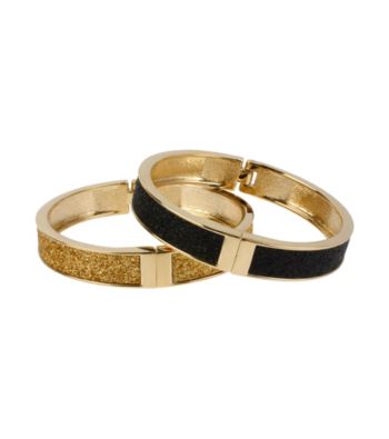 Betsey Johnson® Black & Goldtone Glitter Hinged Bangle Bracelet Set