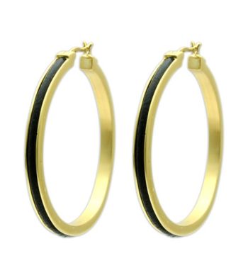 Jill Zarin Black Leather Hoop Earrings with 14K Gold Plating