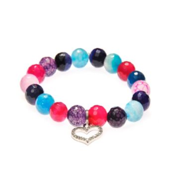 L&J Accessories Pave Heart Charm Multi Colored Glass Agate Stretch Bracelet