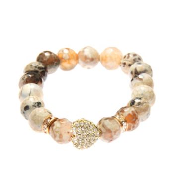 L&J Accessories Pave Heart Multi Colored Brown Glass Agate Stretch Bracelet