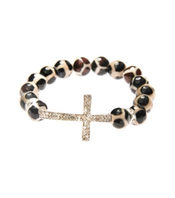L&J Accessories Animal Print Glass Agate Stretch Bracelet with Pave Cross