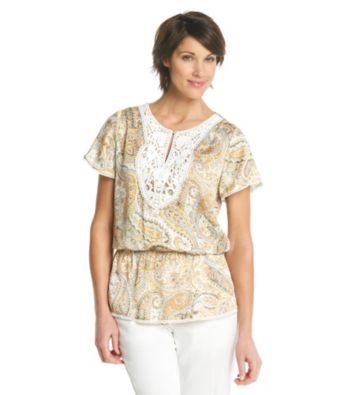 Alfred Dunner® Key Hole Neck Paisley with Lace Yoke Peplum Top