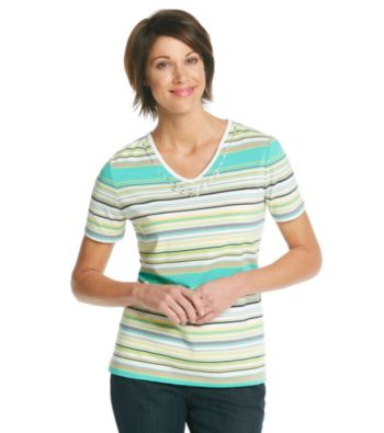 Breckenridge® Petites' V-Neck Embellished Stripe Tee
