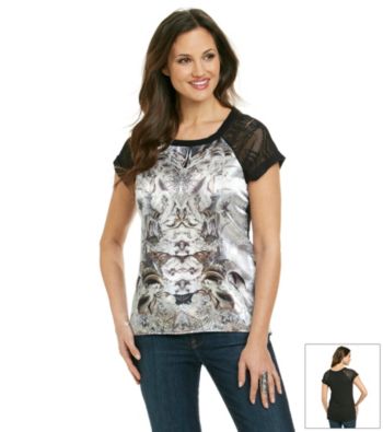 Oneworld® Crochet Sleeve Satin-Front Tee