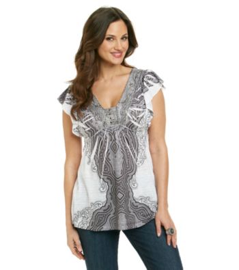 Oneworld® Flutter Sleeve Babydoll Henley Tee