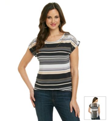 Oneworld® Studded Shoulder Mixed Media Top