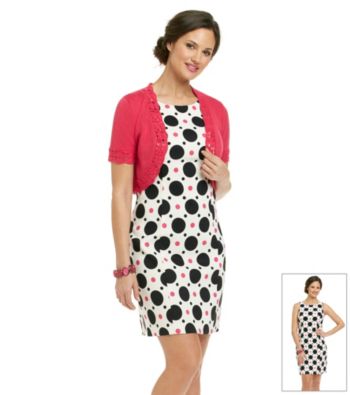 AGB® Dot Print Dress with Crochet Trim Sweater