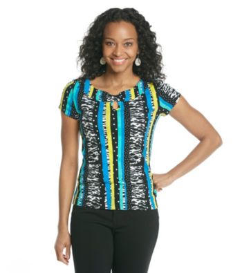 Rafaella® Petites' Cap Sleeve Keyhole Striped Top
