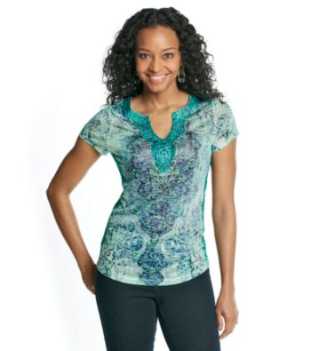 Oneworld® Petites' Short Sleeve Lace Overlay Tee