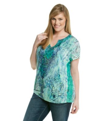 Oneworld® Plus Size Short Sleeve Split Neck Tee with Lace Sides