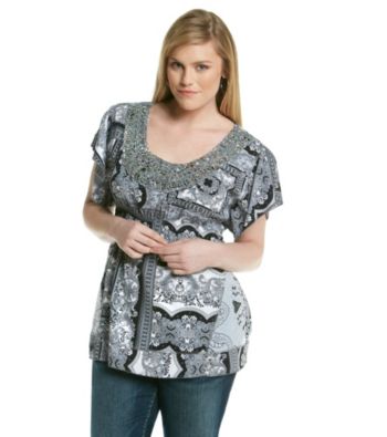 Oneworld® Plus Size Flutter Sleeve Embellished Scoopneck Top