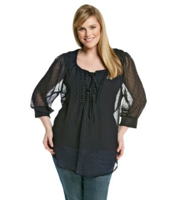 Black Rainn™ Plus Size Clip Dot Long Sleeve Pull Over Shirt