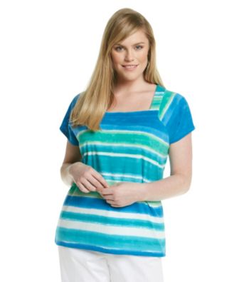 Rafaella® Plus Size Ombre Stripe Squareneck Short Sleeve Top