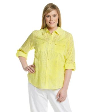 Calvin Klein Plus Size Buttonfront Roll-Tab Sleeve Burnout Shirt