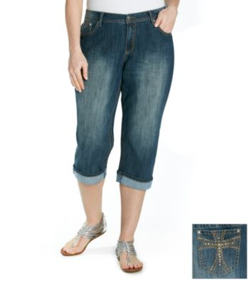 Earl Jeans® Plus Size Emebellished Pocket Cuffed Denim Capris