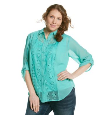 AGB® Plus Size Openwork Front Sheer Buttondown Top