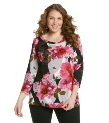 Notations® Plus Size Scoopneck Embellished Floral Tunic