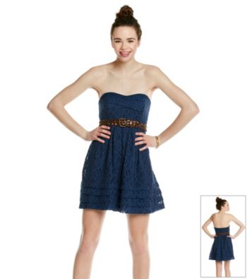 City Triangles® Juniors' Navy Lace Belted Strapless Dress