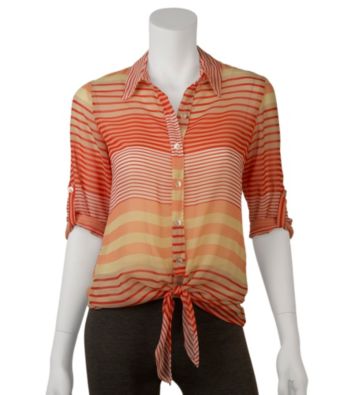 A. Byer Juniors' Roll Sleeve Stripe Tie Front Shirt