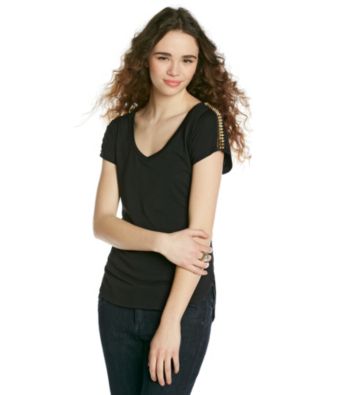 Lily White Juniors' Tee with Studded Shoulder