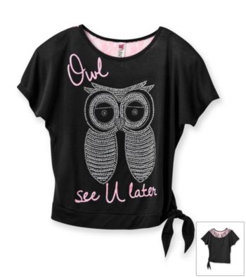 Beautees Girls' 7-16 Black Side Tie Owl Tee