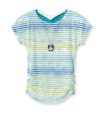 Beautees Girls' 7-16 Green Striped Burnout Tee with Owl Necklace