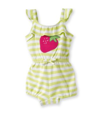 Cuddle Bear® Baby Girls' Lime/White Striped Knit Ruffle Front Romper