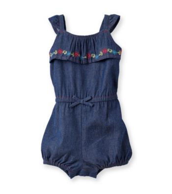 Cuddle Bear® Baby Girls' Chambray Woven Ruffle Front Romper