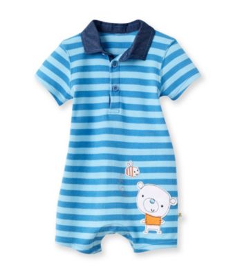Cuddle Bear® Baby Boys' Blue Striped Knit Romper with Chambray Collar