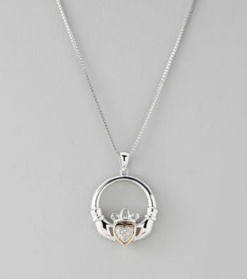 .05 ct. t.w. Diamond Claddagh Pendant in Sterling Silver and 14K Gold