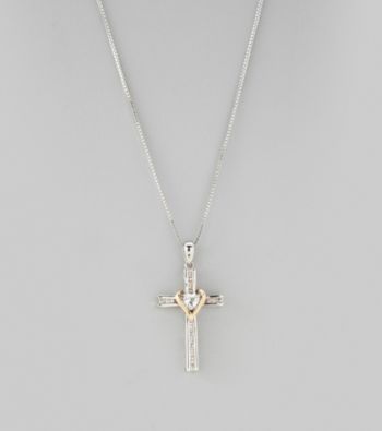 White Topaz Cross Pendant in Sterling Silver and 14K Gold