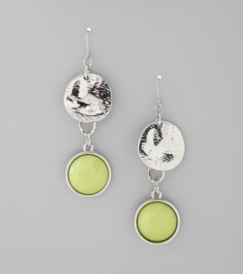 Relativity® Silvertone Hammered Metal Drop Earrings with Lime Green Accents