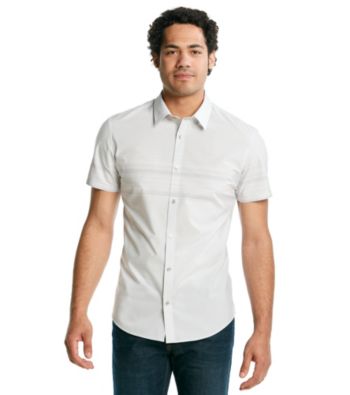Calvin Klein Men's Pearl Blue Short Sleeve Engineered Stripe Woven
