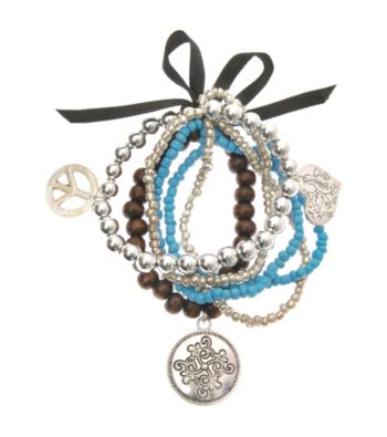 L&J Accessories Five Row Turquoise Bead Stretch Charm Bracelet