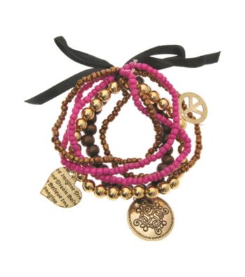 L&J Accessories Five Row Hot Pink Bead Stretch Charm Bracelet