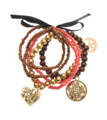 L&J Accessories Five Row Coral Bead Stretch Charm Bracelet