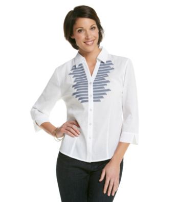 Alfred Dunner® Y-Neckline Button Up Front Pinstripe Trimmed Shirt