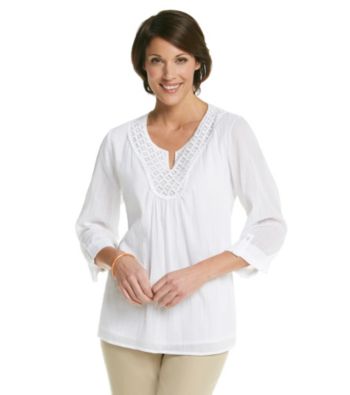 Alfred Dunner® Split Neckline Epaults Emroidered Lace Trim Shirt