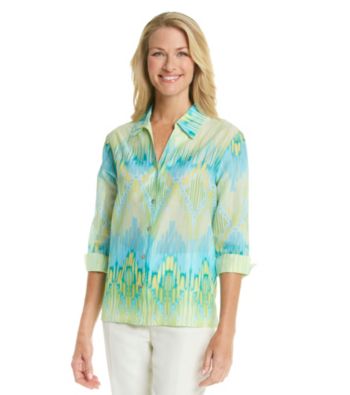 Alfred Dunner® Y-Neckline Button Up All Over Iakt Print Shirt