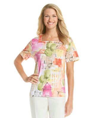 Alfred Dunner® Square Neckline All Over Scenic Printed Shirt