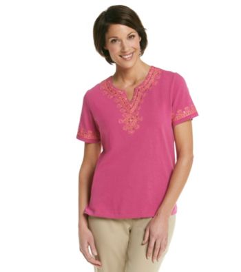 Alfred Dunner® Split Neckline Contrast Embroidered Yoke Shirt