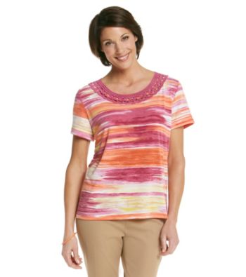 Alfred Dunner® Scoop Neckline Striped Crochet Shirt